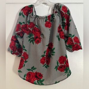 Floral Off-Shoulder Blouse - Red Rose Print Hint of Blush XL